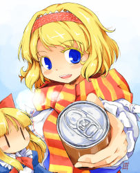 Rule 34 | 1girl, alice margatroid, blonde hair, blue eyes, blush stickers, bow, can, colored eyelashes, female focus, hair bow, hairband, kanoe soushi, looking at viewer, open mouth, orange scarf, scarf, shanghai doll, short hair, solo, striped clothes, striped scarf, touhou, | |