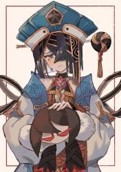 Rule 34 | 1girl, black gloves, black hair, blue headwear, blush, breasts, chinese clothes, yu mei-ren (fate), crying, crying with eyes open, doll, embarrassed, fate/grand order, fate (series), fingerless gloves, gem, gloves, hair between eyes, hair ornament, hair over one eye, hair stick, highres, holding, holding doll, long sleeves, looking at viewer, medium hair, mole, mole under eye, namiharuru, simple background, small breasts, solo, straight hair, tassel, tears, white background, wide sleeves, xu fu (fate)