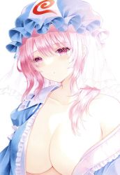 Rule 34 | 1girl, blue hat, blue kimono, breasts, cleavage, collarbone, hat, highres, japanese clothes, kimono, large breasts, mob cap, off shoulder, pink eyes, pink hair, saigyouji yuyuko, short hair, simple background, solo, touhou, triangular headpiece, upper body, veil, white background, y na1211