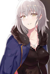 Rule 34 | 1girl, ahoge, blush, breasts, fate/grand order, fate (series), fur trim, grey hair, grin, highres, jacket, jeanne d&#039;arc (fate), jeanne d&#039;arc alter (fate), jeanne d&#039;arc alter (ver. shinjuku 1999) (fate), jewelry, kurokawa (kurokashi655), large breasts, looking at viewer, necklace, official alternate costume, open clothes, open jacket, parted lips, smile, smirk, smug, solo, upper body, yellow eyes