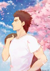 Rule 34 | bandage on face, bandages, biceps, brown eyes, brown hair, cherry blossoms, cloud, day, expressionless, falling petals, hazuki ryou, highres, holding, holding clothes, holding jacket, jacket, jacket over shoulder, looking to the side, monami 1999, muscular, muscular male, outdoors, petals, sega, shenmue, shenmue the animation, shirt, signature, spiked hair, t-shirt, thick eyebrows, tree, unworn jacket, white shirt