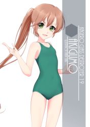 Rule 34 | 1girl, akigumo (kancolle), artist name, blush, bodysuit, brown hair, character name, collarbone, cowboy shot, eyes visible through hair, flat chest, green eyes, green one-piece swimsuit, hair between eyes, highres, inaba shiki, index finger raised, kantai collection, long hair, looking at viewer, new school swimsuit, one-piece swimsuit, open mouth, ponytail, school swimsuit, simple background, solo, standing, swimsuit, white background