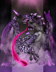 absurdres chameleon_tongue chameleos claws deadpool_yuchan dragon highres horns light_particles long_tongue looking_at_viewer monster monster_focus monster_hunter_(series) no_humans open_mouth partially_invisible purple_scales purple_theme sharp_teeth signature single_horn solo teeth tongue very_long_tongue wings