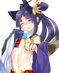 Rule 34 | 1girl, animal ears, armor, asymmetrical sleeves, bad id, bad pixiv id, black hair, blue gloves, blush, breasts, detached sleeves, dog ears, fate/grand order, fate (series), gloves, hat, japanese armor, koucha maru, kusazuri, long hair, medium breasts, mismatched sleeves, navel, nose blush, one eye closed, parted bangs, paw pose, pom pom (clothes), revealing clothes, shoulder armor, side ponytail, simple background, single glove, sode, solo, tokin hat, underboob, ushiwakamaru (fate), white background, wide sleeves