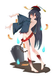 Rule 34 | 1girl, absurdres, azur lane, bad id, bad pixiv id, barefoot, beads, black hair, breasts, catnnn, convenient censoring, detached sleeves, feathers, fingernails, hat, highres, hitodama, jiangshi, large breasts, long fingernails, long hair, nude, outstretched arms, red eyes, revision, ribbon, sideboob, taihou (azur lane), talisman, tombstone, zombie pose