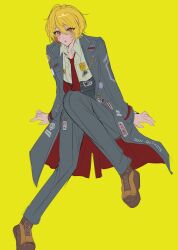 Rule 34 | 1girl, :o, arm support, badge, black coat, black pants, blonde hair, brown footwear, coat, collared shirt, commentary, don quixote (project moon), full body, hair between eyes, high-waist pants, highres, knee up, limbus company, long legs, long sleeves, looking at viewer, mnt (mnppf7), necktie, open clothes, open coat, open mouth, orange eyes, pants, project moon, red necktie, shirt, shoes, short hair, simple background, sitting, solo, sticker, symbol-only commentary, white shirt, wing collar, yellow background