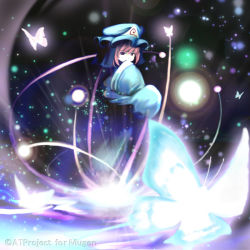 Rule 34 | 1girl, bug, butterfly, covering own mouth, female focus, glowing, hat, insect, looking at viewer, pink eyes, pink hair, saigyouji yuyuko, sleeves past wrists, solo, touhou, tsubasa (abchipika)