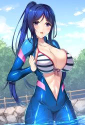 Rule 34 | 10s, bikini, blue hair, blue sky, breasts, cleavage, cloud, collarbone, commentary request, cowboy shot, day, diving suit, fence, front-tie top, large breasts, long hair, love live!, love live! school idol festival, love live! sunshine!!, matsuura kanan, minamon (vittel221), open clothes, open mouth, outdoors, purple eyes, sky, solo, standing, striped bikini, striped clothes, swimsuit, tree, unzipped, very long hair, wading, water, wet, wooden fence