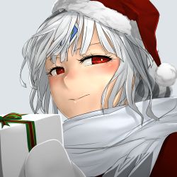 Rule 34 | 10s, 1girl, altera (fate), alternate costume, blunt bangs, blush, closed mouth, dark-skinned female, dark skin, fate/extella, fate/extra, fate/grand order, fate (series), gift, gloves, hat, highres, holding, holding gift, i-pan, looking at viewer, red eyes, santa hat, scarf, short hair, simple background, smile, solo, tan, white gloves, white hair, white scarf