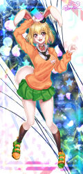 Rule 34 | 1girl, :3, absurdres, animal ears, arm up, artist name, bare legs, blush, breasts, carrot (one piece), censored, furry, furry female, happy, highres, large breasts, looking at viewer, nez-box, one piece, rabbit ears, rabbit tail, school uniform, shoes, simple background, sneakers, solo, standing, sweater, wide hips