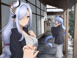 Rule 34 | 1other, 2girls, :d, alternate costume, architecture, ayul (ayulneri 92), blue eyes, blue hair, braid, breasts, cleavage, closed mouth, commentary request, east asian architecture, ganyu (genshin impact), genshin impact, goat horns, hair ornament, hair over one eye, highres, holding hands, horns, japanese clothes, kimono, large breasts, long hair, long sleeves, looking at viewer, low-braided long hair, low-tied long hair, multiple girls, one eye covered, open mouth, ponytail, pov, pov hands, purple eyes, ryokan, shenhe (genshin impact), sidelocks, single braid, smile, statue, very long hair, white hair, wide sleeves, winter, yukata
