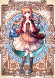 Rule 34 | 1girl, artist name, bag, blue eyes, boots, braid, capelet, dress, fantasy, frilled dress, frills, hair ornament, hair tubes, highres, house, interlocked fingers, jewelry, kazuharu kina, knee boots, light brown hair, long hair, original, own hands clasped, own hands together, pendant, satchel, smile, solo, twintails