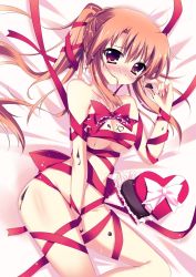 Rule 34 | 1girl, blush, bow, breasts, chocolate, hair in own mouth, heart, highres, long hair, looking at viewer, naked ribbon, orange hair, original, raiou, red eyes, ribbon, solo, twintails, valentine