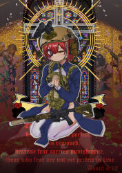 Rule 34 | 1girl, absurdres, assault rifle, bible verse, chinese commentary, closed eyes, clothing cutout, eyepatch, gun, gwenoral, halo, highres, hololive, houshou marine, houshou marine (nun), military, military operator, nun, own hands together, bulletproof vest, praying, red hair, rifle, stained glass, tactical clothes, thigh cutout, virtual youtuber, weapon
