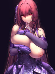 Rule 34 | 1girl, bare shoulders, breasts, closed mouth, dress, elbow gloves, fate/grand order, fate (series), gloves, highres, large breasts, long hair, lun7732, nipples, purple dress, purple gloves, red eyes, red hair, scathach (fate), scathach (formal dress) (fate), simple background, solo