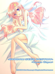 Rule 34 | 00s, 1girl, :o, barefoot, bed, bed sheet, blue eyes, collarbone, dress, feet, from above, full body, gundam, gundam seed, gundam seed destiny, kannagi miu, lacus clyne, long hair, looking at viewer, lying, on bed, on side, open mouth, parted lips, pink hair, solo, sundress, white dress