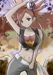 Rule 34 | 1girl, arm up, bare shoulders, black shirt, blurry, blurry background, breasts, cleavage, closed mouth, clothes pull, collarbone, commentary, cowboy shot, creatures (company), crop top, flannery (pokemon), game freak, great ball, green pants, gym leader, highres, holding, holding poke ball, indoors, keita (kmfirstday), long hair, looking at viewer, medium breasts, midriff, navel, nintendo, pants, pants pull, poke ball, pokemon, pokemon oras, ponytail, red eyes, red hair, rock, shirt, sleeveless, sleeveless shirt, smile, solo, standing, strapless, tied shirt, towel, tube top, white towel