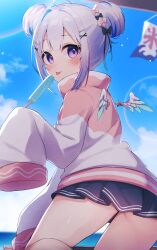 Rule 34 | 1girl, :p, amane kanata, arm support, ass, black skirt, blue hair, blue sky, blush, closed mouth, cloud, cloudy sky, commentary, double bun, food, fragir, from behind, hair bun, highres, holding, holding food, holding popsicle, hololive, horizon, jacket, legs apart, lens flare, looking at viewer, microskirt, multicolored clothes, multicolored hair, multicolored jacket, pink jacket, pleated skirt, popsicle, purple eyes, short hair, sidelocks, skirt, sky, sleeves past fingers, sleeves past wrists, smile, solo, streaked hair, thighs, tongue, tongue out, two-tone jacket, virtual youtuber, white hair, white jacket
