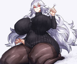 Rule 34 | 1girl, azur lane, black sweater, breasts, character request, covered erect nipples, eyes visible through hair, fingernails, graf zeppelin (azur lane), grey background, grey hair, holding, huge breasts, melon22, pantyhose, parted lips, red eyes, simple background, sitting, solo, sweater, turtleneck, turtleneck sweater, wariza