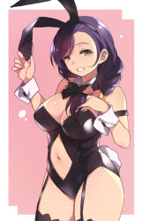 Rule 34 | 1girl, animal ears, black bow, black bowtie, black thighhighs, bow, bowtie, braid, breasts, cleavage, clenched teeth, detached collar, duke (inu daimyou), fake animal ears, garter straps, large breasts, leotard, long hair, looking at viewer, love live!, love live! school idol project, navel, pink background, playboy bunny, purple hair, rabbit ears, rabbit tail, single braid, smile, solo, tail, teeth, thighhighs, tojo nozomi, two-tone background, white background