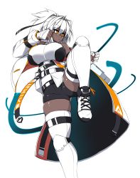 1girl absurdres bandaged_arm bandages bike_shorts breasts clenched_hands dark-skinned_female dark_skin detached_sleeves facing_viewer hair_between_eyes highres large_breasts orange_eyes original short_hair solo standing standing_on_one_leg sub-res thighhighs white_hair white_thighhighs