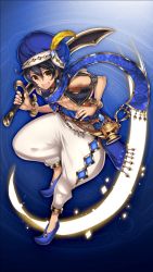 Rule 34 | 1boy, abs, aladdin (grimms notes), arabian clothes, black hair, brown eyes, full body, grimms notes, hat feather, highres, male focus, muscular, official art, oil lamp, pants, scimitar, short hair, solo, sword, turban, weapon