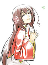 Rule 34 | 1girl, ahoge, axis powers hetalia, bad id, bad pixiv id, brown eyes, brown hair, chinese clothes, face, flower, hair flower, hair ornament, long hair, open mouth, own hands together, shiba itsuki, simple background, smile, solo, steepled fingers, taiwan (hetalia), wide sleeves