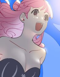 Rule 34 | 1girl, black dress, blue sky, blunt bangs, dress, from below, hair bun, half updo, long hair, looking to the side, lowres, one piece, perona, pink hair, raine (acke2445), sky, solo, strapless, strapless dress, upper body