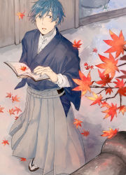 Rule 34 | 1boy, blue eyes, blue hair, book, branch, creamyya, eyebrows, hakama, hakama skirt, holding, holding book, japanese clothes, kaito (vocaloid), leaf, looking up, male focus, open book, sandals, skirt, solo, tabi, vocaloid