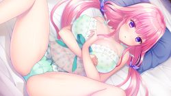 Rule 34 | 1girl, akino subaru, babydoll, bed, blush, bra, breasts, cameltoe, cleavage, female focus, from above, game cg, green bra, green panties, groin, hands up, indoors, large breasts, legs, lingerie, long hair, looking at viewer, lying, mizuki (onii-chan chou suki 99 jikan ecchi shiyo!), on bed, onii-chan chou suki 99 jikan ecchi shiyo!, original, own hands together, panties, parted lips, pillow, pink hair, purple eyes, solo, spread legs, thighs, twintails, underwear, underwear only