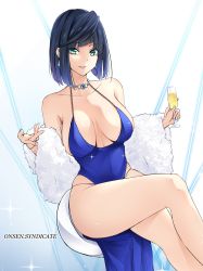 Rule 34 | 1girl, absurdres, artist name, asymmetrical hair, bare legs, bare shoulders, blue dress, blunt bangs, breasts, choker, coat, collarbone, cowboy shot, diagonal bangs, dress, drink, dutch angle, earrings, feet out of frame, fur-trimmed coat, fur trim, genshin impact, gs (onsen syndicate), highres, holding, holding drink, jewelry, large breasts, looking at viewer, off shoulder, parted lips, sitting, sleeveless, smile, solo, thighs, white coat, yelan (genshin impact)