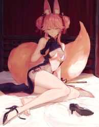 Rule 34 | 1girl, absurdres, animal ear fluff, animal ears, bare shoulders, barefoot, black dress, black footwear, black gloves, breasts, center opening, china dress, chinese clothes, closed mouth, double bun, dress, fan print, fate/grand order, fate (series), folding fan, fox ears, fox tail, full body, gloves, hair bun, hair ornament, hand fan, hand up, high heels, highres, holding, holding fan, kotobuki nashiko, koyanskaya (chinese lostbelt outfit) (fate), koyanskaya (fate), large breasts, legs, looking at viewer, on bed, pink hair, shade, side slit, sidelighting, sitting, smile, solo, tail, tamamo (fate), toes, underboob, unworn shoe, yellow eyes, yokozuwari
