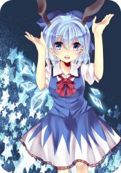 Rule 34 | 1girl, animal ears, bad id, bad pixiv id, blue eyes, blue hair, blush, bow, rabbit ears, cirno, detached wings, gingetsu ringo, ginzuki ringo, hair bow, highres, ice, ice wings, matching hair/eyes, open mouth, puffy sleeves, short hair, short sleeves, solo, touhou, wings