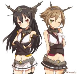 Rule 34 | 10s, 2girls, bad id, bad pixiv id, bare shoulders, black hair, brown eyes, brown hair, chain, crossed arms, fingerless gloves, garter straps, gloves, hairband, headgear, kantai collection, long hair, midriff, miniskirt, multiple girls, mutsu (kancolle), nagato (kancolle), navel, nonono (mino), one eye closed, personification, pleated skirt, red eyes, simple background, skirt, smile, white background, wink