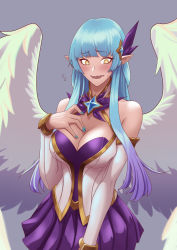 Rule 34 | 1girl, absurdres, alternate costume, blue hair, blue nails, blush, breasts, bright pupils, cel da lin, cleavage, commentary request, gradient hair, highres, kayle (league of legends), korean commentary, large breasts, league of legends, long hair, looking to the side, multicolored hair, nail polish, open mouth, pleated skirt, pointy ears, purple skirt, simple background, skirt, solo, star guardian (league of legends), sweat, sweatdrop, white pupils, wings, yellow eyes