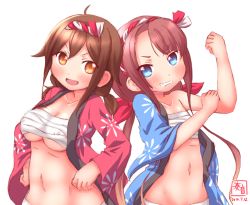 Rule 34 | &gt;:d, 10s, 2girls, :d, ahoge, alternate costume, alternate headwear, artist name, asymmetrical bangs, blue eyes, breasts, brown hair, collarbone, commentary request, covered erect nipples, dated, hair ornament, hair ribbon, hairband, happi, highres, japanese clothes, kanon (kurogane knights), kantai collection, kawakaze (kancolle), long hair, long sleeves, looking at viewer, low twintails, medium breasts, multiple girls, navel, open clothes, open mouth, orange eyes, red hair, ribbon, sarashi, shiratsuyu (kancolle), short hair, simple background, smile, summer festival, teeth, twintails, v-shaped eyebrows, very long hair, white background, wide sleeves