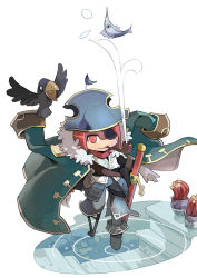 Rule 34 | 1boy, bicorne, bird, blue headwear, blue jacket, blue pants, closed mouth, coin, commentary request, crow, dagger, drake (ragnarok online), fish, full body, fur-trimmed jacket, fur trim, gold coin, hat, jacket, knife, long sleeves, looking at viewer, male focus, mimic, mimic (ragnarok online), mimic chest, pants, peg leg, penomena, phen (ragnarok online), pink eyes, pink hair, smoking pipe, pipe in mouth, pirate, pirate hat, ragnarok online, scabbard, sheath, shirt, short hair, smile, sword, tennohi, water, weapon, white background, white shirt