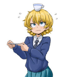 Rule 34 | 1girl, aono3, balancing on head, black necktie, blonde hair, blue eyes, blue skirt, blue sweater, braid, closed mouth, commentary, cup, darjeeling (girls und panzer), dress shirt, flying sweatdrops, frown, girls und panzer, highres, holding, holding saucer, long sleeves, looking up, necktie, pleated skirt, saucer, school uniform, shirt, short hair, simple background, skirt, solo, st. gloriana&#039;s school uniform, standing, sweater, teacup, twin braids, v-neck, white background, white shirt, wing collar