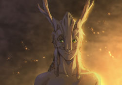 Rule 34 | 1boy, antlers, bare shoulders, blonde hair, closed mouth, frown, glowing, green eyes, horns, jowell she, king arthur, light particles, looking at viewer, male focus, mask, original, pelt, portrait, solo