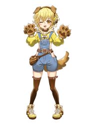 Rule 34 | 1girl, animal collar, animal ears, animal hands, bag, blonde hair, blue overalls, boots, breasts, brown collar, brown eyes, brown thighhighs, collar, commentary request, cropped hoodie, dog ears, dog tail, fake animal ears, fake tail, full body, gloves, goddess of victory: nikke, headphones, highres, hood, hoodie, liter (nikke), one eye closed, overalls, paw gloves, small breasts, solo, tail, thighhighs, underboob, unpopin