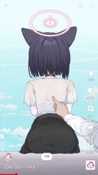 Rule 34 | 1girl, animal ears, ass, black choker, black hair, blue archive, cat ears, choker, clothes around waist, doodle sensei (blue archive), facing away, from behind, halo, highres, jacket, jacket around waist, kazusa (band) (blue archive), kazusa (blue archive), long sleeves, pink halo, rla13753, sensei (blue archive), shirt, short hair, short sleeves, sitting, solo focus, t-shirt, user interface, white shirt