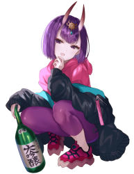 Rule 34 | 1girl, bob cut, bottle, breasts, eyeliner, fangs, fate/grand order, fate (series), headpiece, highres, hood, hooded sweater, horns, jacket, long sleeves, looking at viewer, makeup, off shoulder, oni, open clothes, open jacket, open mouth, pants, pink footwear, pink sweater, purple eyes, purple hair, purple jacket, purple pants, sake bottle, shoes, short hair, shuten douji (fate), shuten douji (under the same sky) (fate), simple background, skin-covered horns, small breasts, smile, sneakers, squatting, sweater, tight clothes, tight pants, under the same sky, white background, yuma (mron 322)