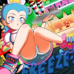 Rule 34 | 1girl, arm support, blue eyes, blue hair, blush stickers, bracelet, bust a groove, comet (bust a groove), earrings, female focus, food, frostyneko, headdress, holding, holding tray, ice cream, jewelry, knees together feet apart, knees up, looking at viewer, panties, parted lips, pearl earrings, pink footwear, roller skates, short hair, short sleeves, sitting, skates, solo, star (symbol), sundae, thighs, tray, underwear, white panties