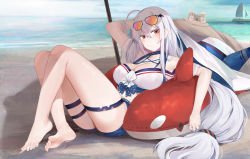 Rule 34 | 1girl, ahoge, arknights, arm behind head, arm up, bare legs, bare shoulders, barefoot, beach, beach umbrella, blue shorts, breasts, choker, cleavage, crop top, crossed ankles, day, eyewear on head, feet, full body, hair between eyes, hair ornament, large breasts, long hair, looking at viewer, low-tied long hair, midriff, ocean, off-shoulder shirt, off shoulder, official alternate costume, outdoors, reclining, red eyes, ru zhai, sand, sand castle, sand sculpture, shirt, short shorts, shorts, skadi (arknights), skadi (waverider) (arknights), soles, solo, sunglasses, swimsuit, thigh strap, thighs, tinted eyewear, toes, umbrella, very long hair, water, whale hair ornament, white hair, white shirt