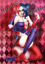 Rule 34 | 1girl, batman (series), blue hair, breasts, character name, cleavage, corset, dc comics, female focus, gun, hammer, harlequin (pattern), harley quinn, lipstick, makeup, multicolored hair, nail polish, shoes, solo, thighhighs, twintails, weapon