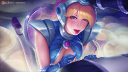 Rule 34 | 1boy, 1girl, blonde hair, blush, fellatio gesture, hand on another&#039;s head, headgear, headphones, league of legends, long hair, lux (league of legends), open mouth, purple eyes, purple lips, saliva, solo focus, space groove lux, tongue, tongue out, turewindwalker