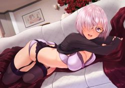 Rule 34 | 1girl, :d, ass, black-framed eyewear, black sweater, blush, bra, breasts, cleavage, clothes lift, couch, fate/grand order, fate (series), garter belt, garter straps, glasses, hair over one eye, indoors, large breasts, long sleeves, looking at viewer, lying, mash kyrielight, nanahime, no pants, on stomach, open mouth, panties, photo (object), picture frame, purple bra, purple eyes, purple panties, purple thighhighs, short hair, signature, skindentation, sleeves past wrists, smile, solo, sweater, sweater lift, teeth, thighhighs, underwear, upper teeth only