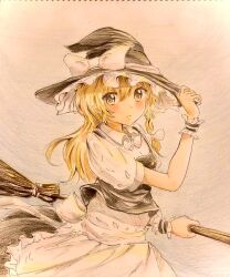Rule 34 | 1girl, apron, black vest, blonde hair, braid, hand on headwear, hat, holding, holding clothes, holding hat, kirisame marisa, long hair, looking at viewer, orya 422, shirt, short sleeves, solo, touhou, vest, waist apron, white apron, white background, white shirt, witch, witch hat, wrist cuffs, yellow eyes