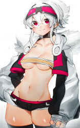 Rule 34 | 1girl, absurdres, bandaged hand, bandages, bandeau, black shorts, blush, breasts, choker, cleavage, closed mouth, cropped jacket, crossed bangs, goggles, goggles on head, hair between eyes, hand on own hip, highres, jacket, long sleeves, looking at viewer, medium breasts, medium hair, micro shorts, navel, niwamaru (niwarhythm), niwarhythm, open clothes, open jacket, original, red eyes, shorts, sleeves past wrists, smile, solo, standing, stomach, white hair