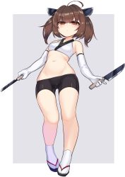 Rule 34 | 1girl, ahoge, bike shorts, brown eyes, brown hair, crop top, dual wielding, elbow gloves, geta, gloves, headgear, highres, holding, holding knife, knife, kutan, looking at viewer, navel, short hair, short shorts, short twintails, shorts, simple background, solo, tabi, touhoku kiritan, twintails, two-tone background, voiceroid, white gloves
